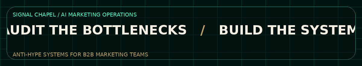 Animated text reading audit the bottlenecks, build the systems, govern the AI, speed up campaigns, clean the workflow, measure the signal, prove what works, turn operations into advantage